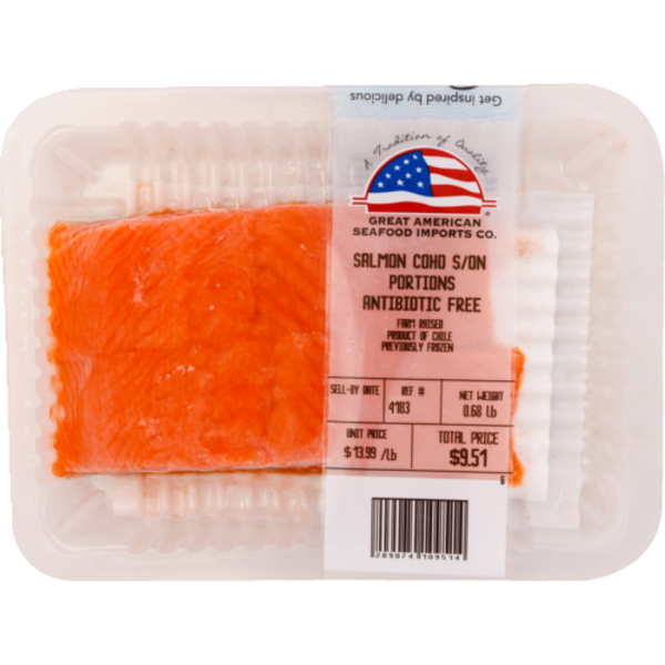Great American Seafood Coho Salmon Portion Skin On Farm-Raised Previously Frozen